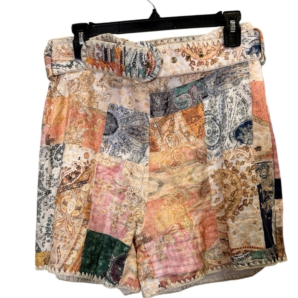 Magaschoni Multicolor Linen Patchwork Belted Shor… - image 1